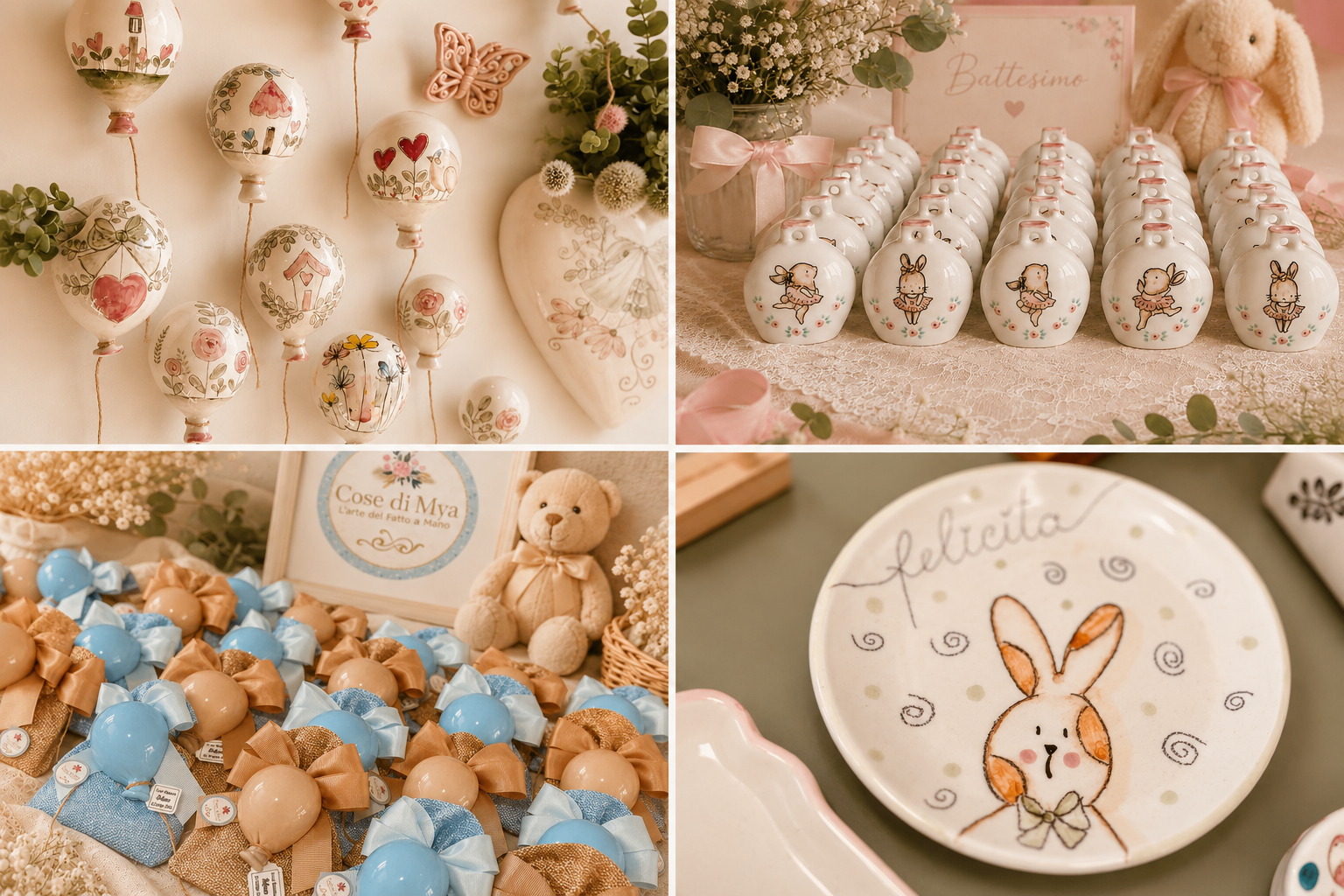 Collezione di bomboniere Battesimo personalizzate in ceramica e tessuto realizzate da Cose di Mya.