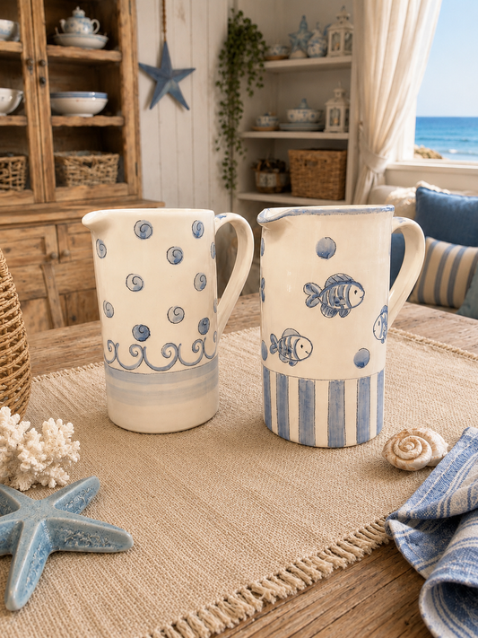 Brocca in ceramica decorata a mano con motivi marini, disponibile nelle varianti Pesciolini e Onde Marine, ideale per la tavola e l’arredo di una casa al mare.