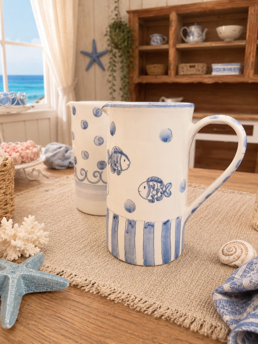 Brocca in ceramica decorata a mano con decori ispirati al mare nei toni del blu, ideale per servire bevande o arredare una casa in stile mediterraneo.