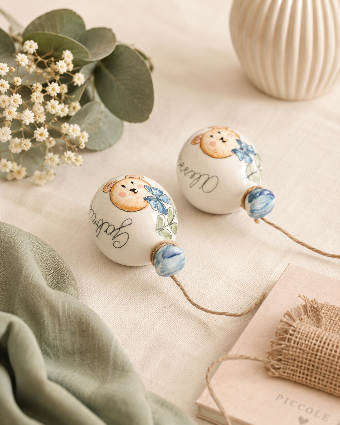 Decorazione da parete a forma di palloncino in ceramica con orsetto dipinto a mano per nascita e battesimo.