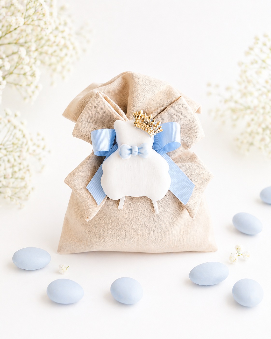 Bomboniera orsetto in ceramica con sacchetto, ideale per battesimo, personalizzabile