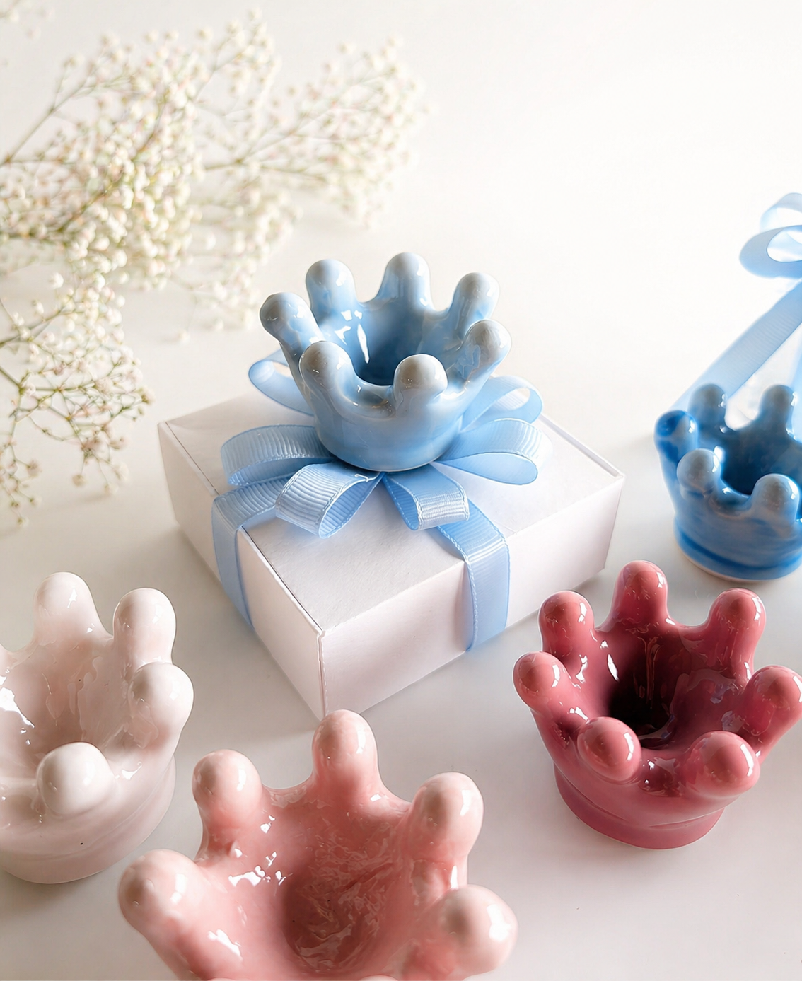 Bomboniera coroncina in ceramica per battesimo nascita – idea elegante bimbo bimba