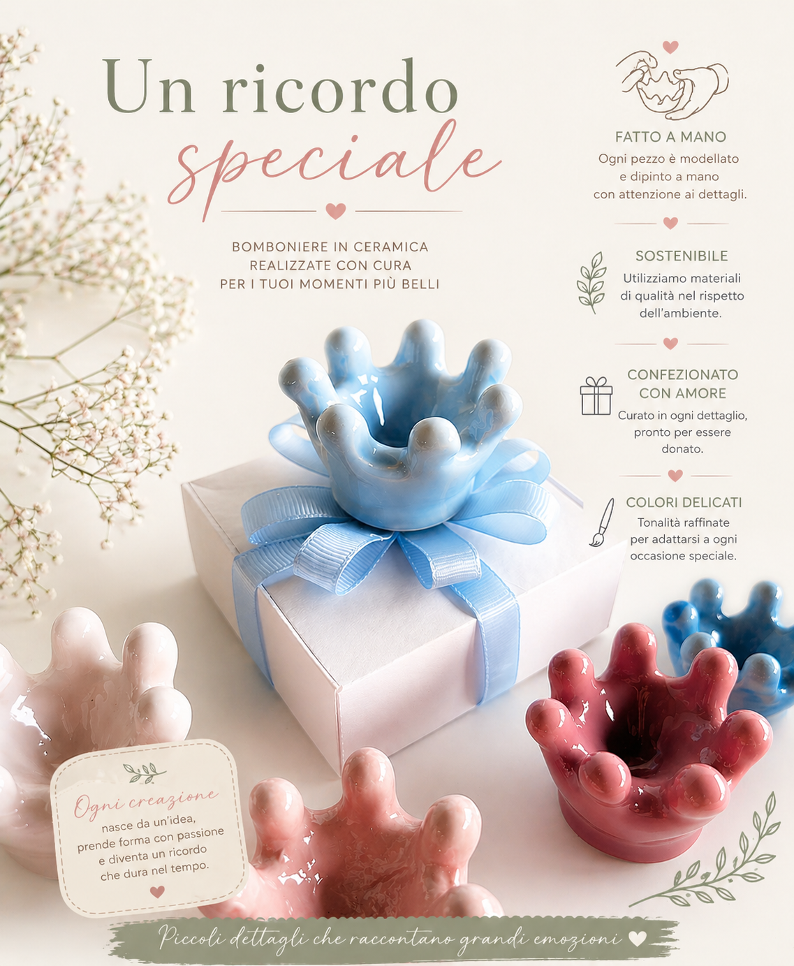 Bomboniera coroncina in ceramica per battesimo nascita – idea elegante bimbo bimba