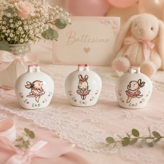     Bomboniera Campanella Capri con Coniglietta Ballerina in ceramica decorata.