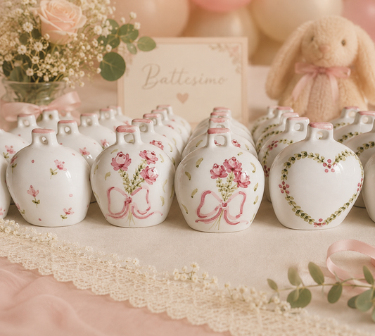 Campanelle Capri in ceramica personalizzate come bomboniere per matrimonio, battesimo, comunione, nascita e laurea, decorate a mano con motivi floreali rosa.