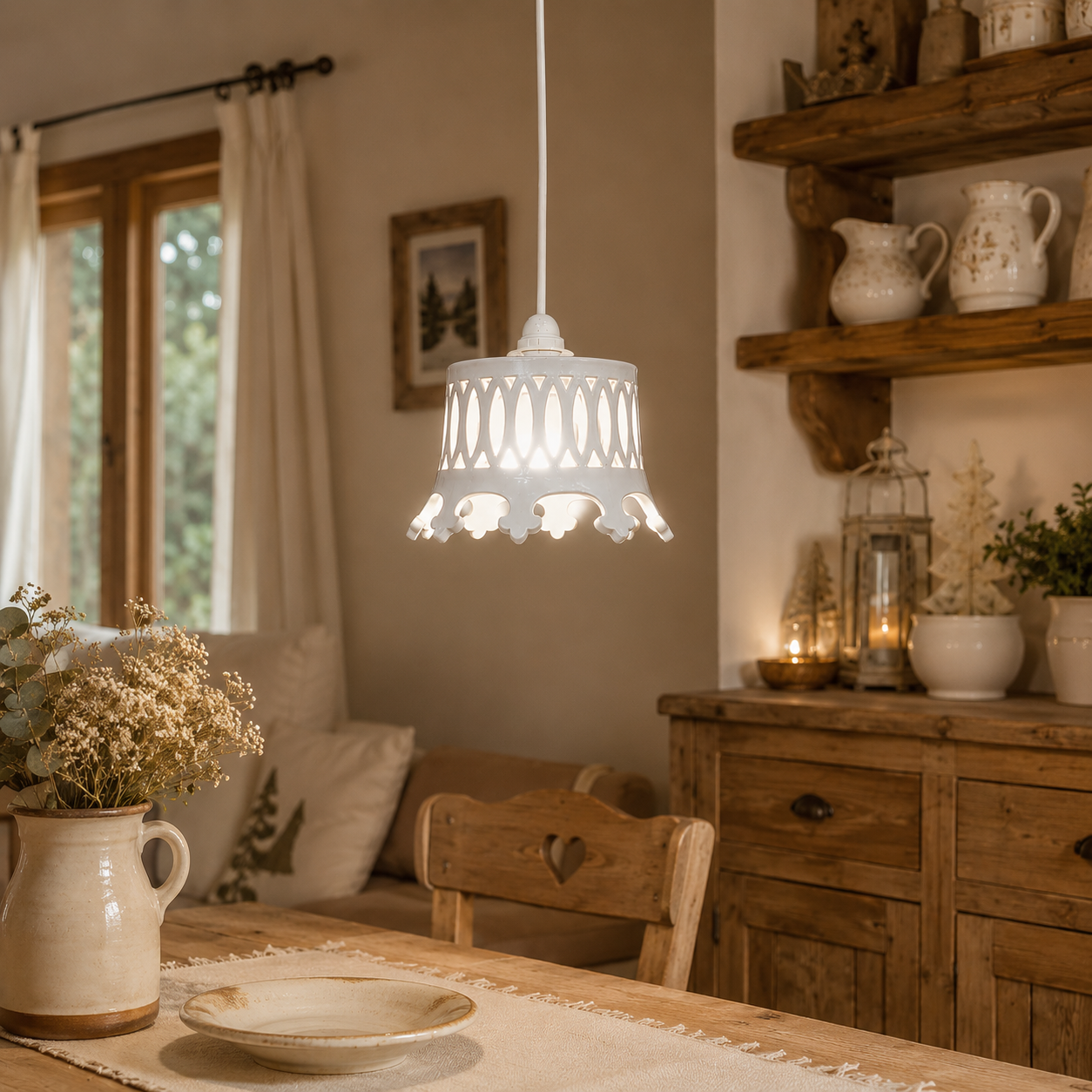 Lampadario in ceramica traforata realizzato al tornio, sospensione decorativa bianca ideale per cucina, soggiorno e ambienti country.